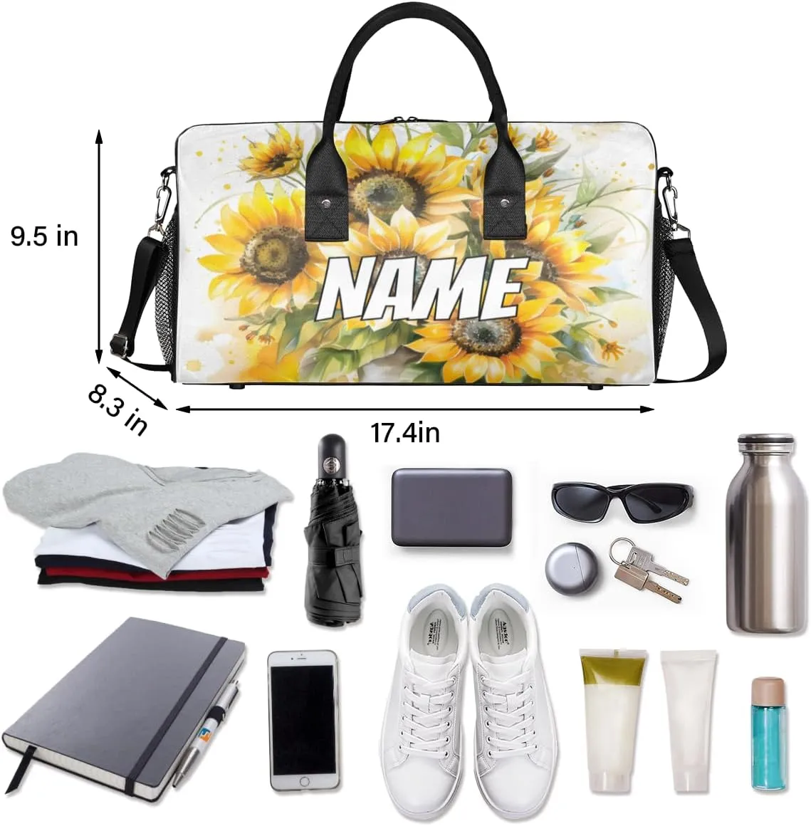 Personalized Sunflower Floral Travel Duffel Bag with Name, Custom Gym Sport Bag Natural Plant Carry On Weekend Overnight Duffel Bag for Men Women