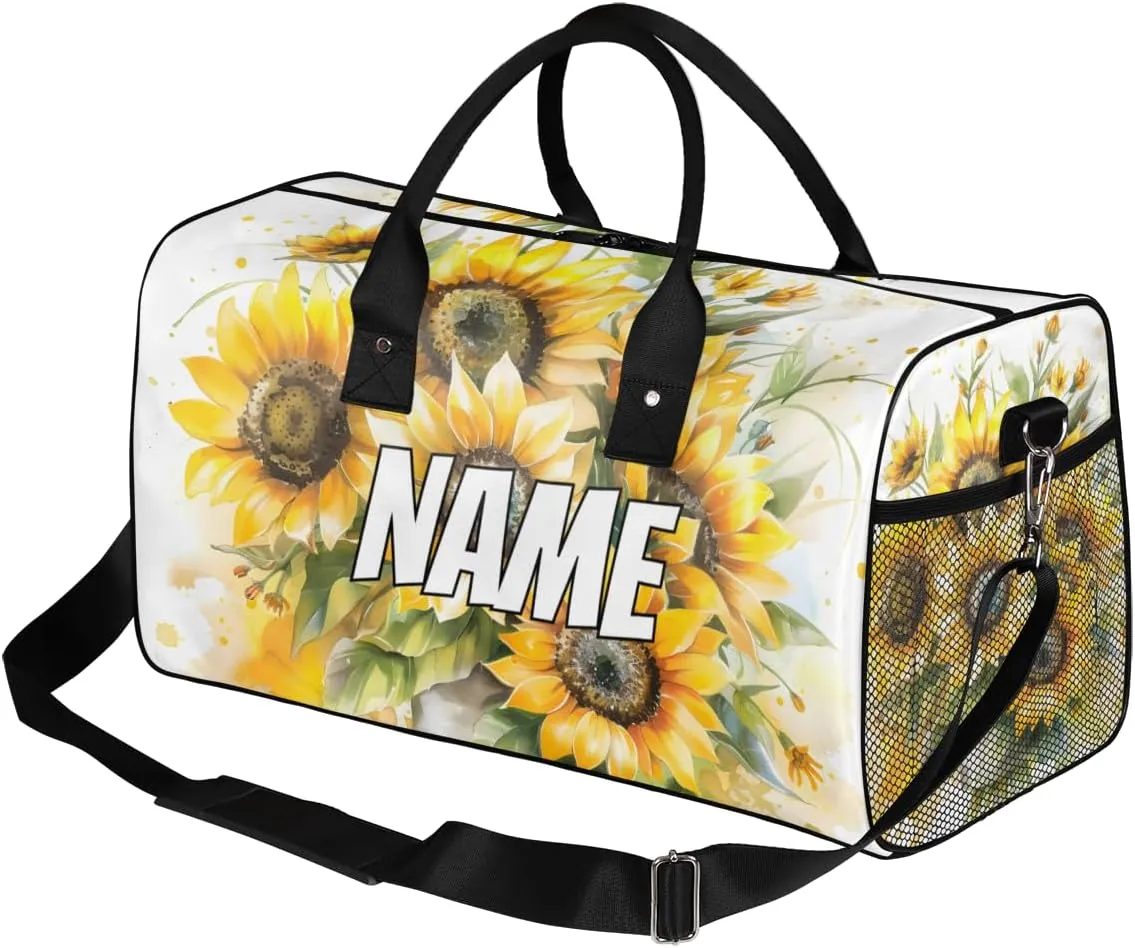 Personalized Sunflower Floral Travel Duffel Bag with Name, Custom Gym Sport Bag Natural Plant Carry On Weekend Overnight Duffel Bag for Men Women