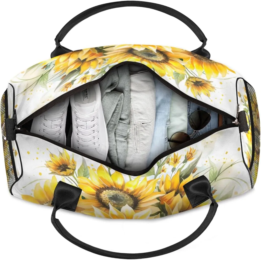 Personalized Sunflower Floral Travel Duffel Bag with Name, Custom Gym Sport Bag Natural Plant Carry On Weekend Overnight Duffel Bag for Men Women
