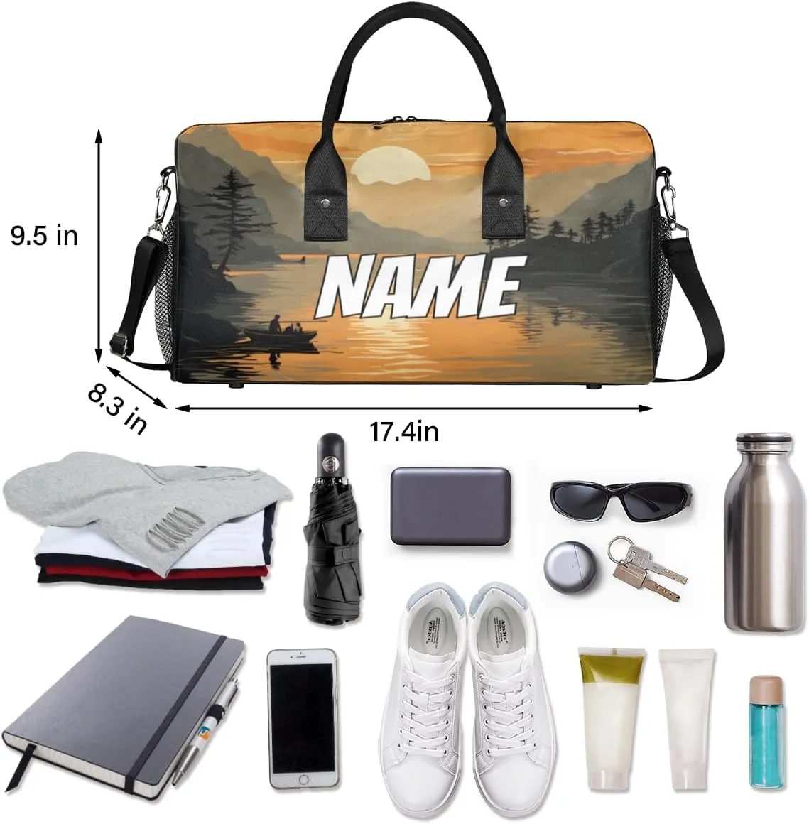 Personalized Sunset Scenery Travel Duffel Bag with Name, Custom Gym Sport Bag Jungle River Carry On Weekend Overnight Duffel Bag for Men Women