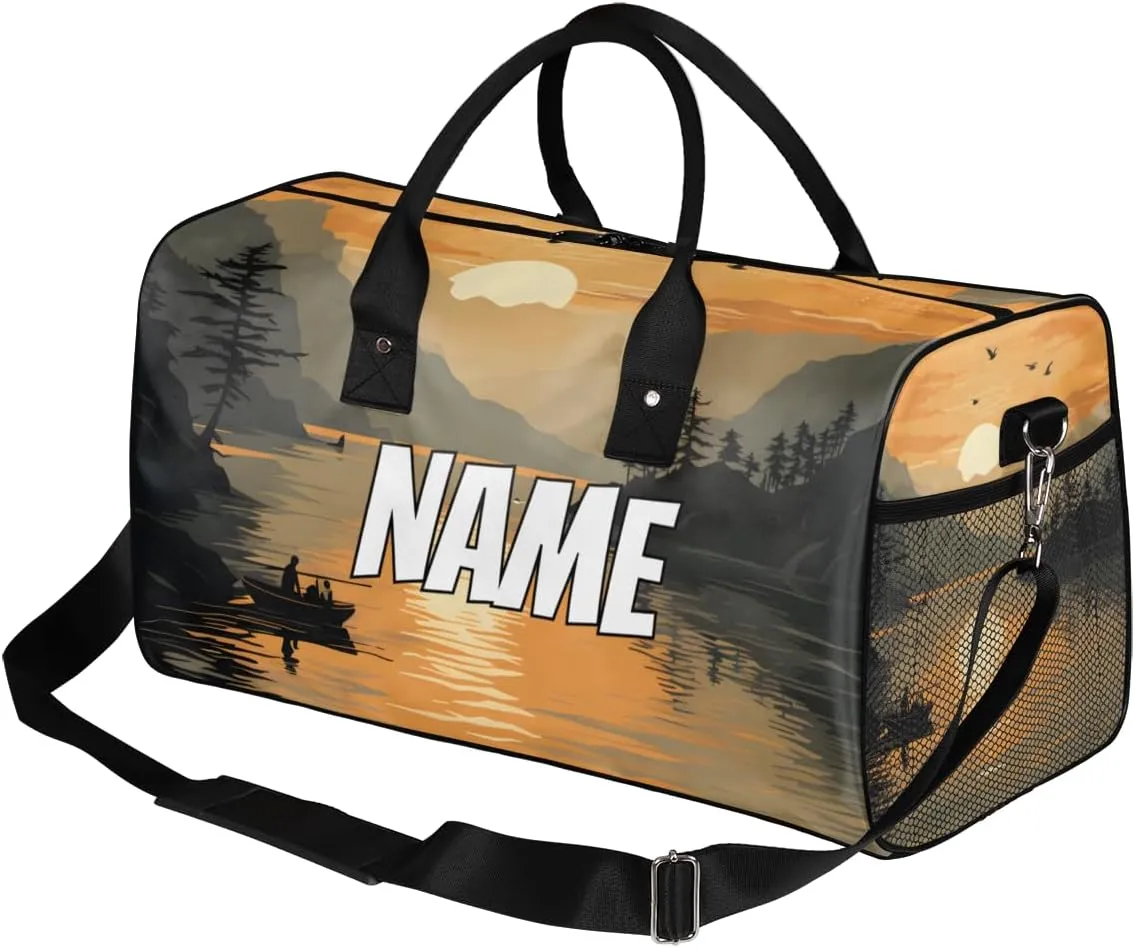 Personalized Sunset Scenery Travel Duffel Bag with Name, Custom Gym Sport Bag Jungle River Carry On Weekend Overnight Duffel Bag for Men Women
