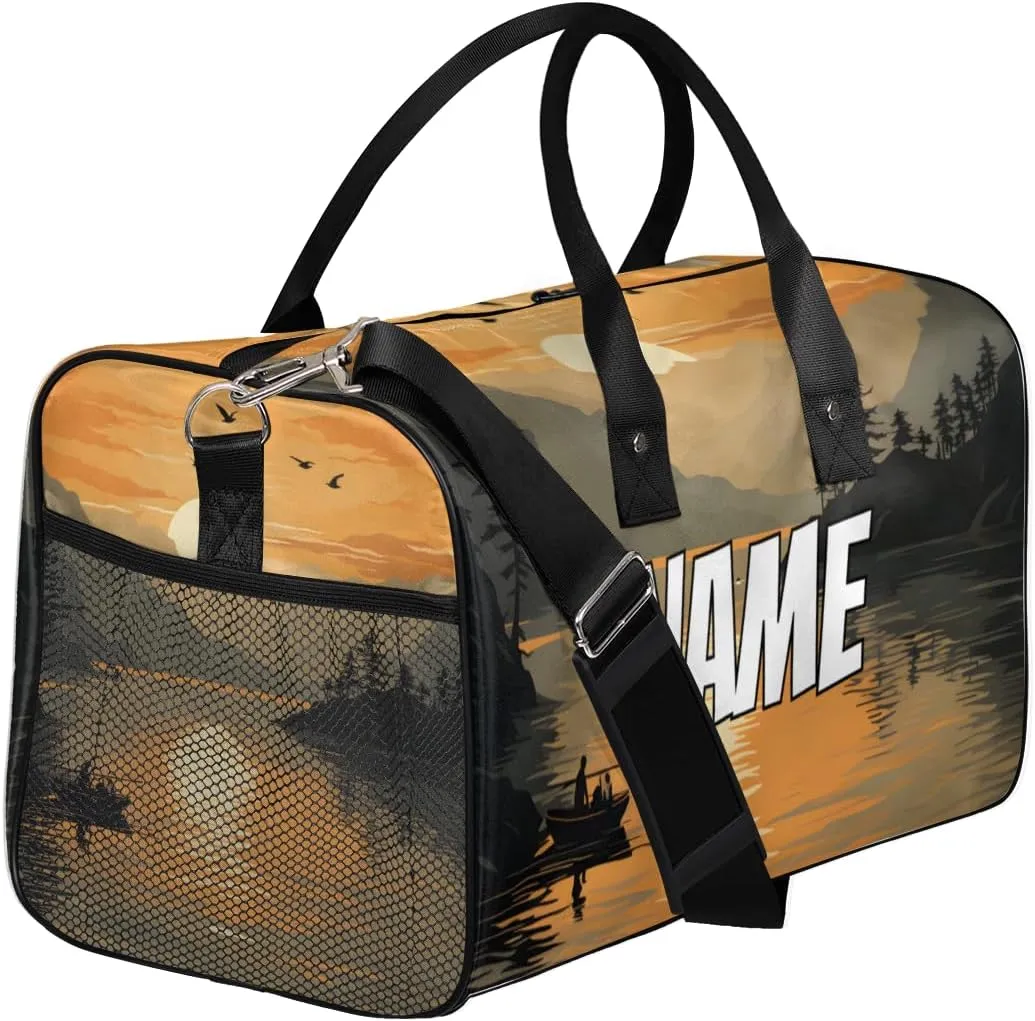 Personalized Sunset Scenery Travel Duffel Bag with Name, Custom Gym Sport Bag Jungle River Carry On Weekend Overnight Duffel Bag for Men Women