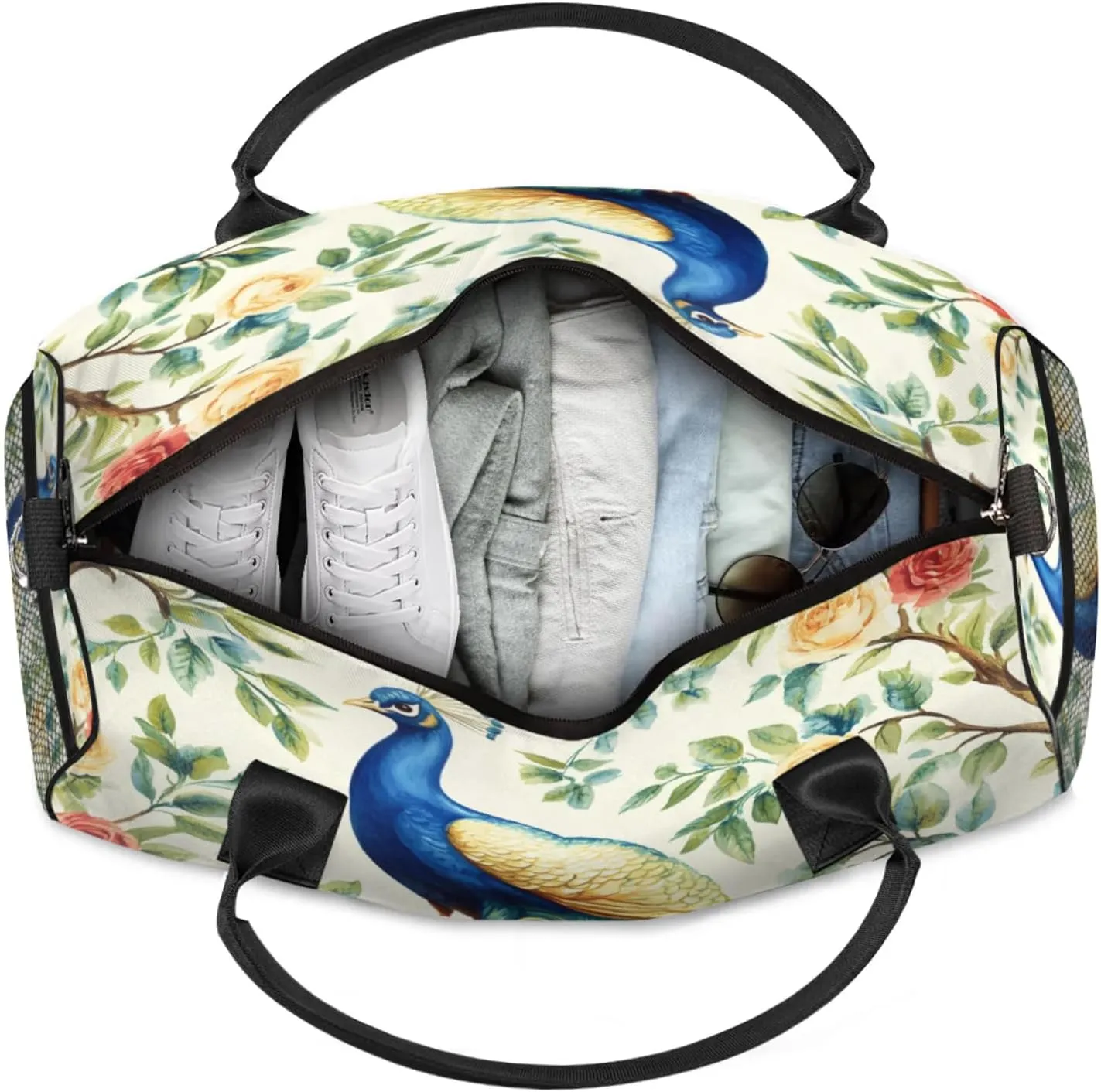 Personalized Teal Peacock Travel Duffel Bag with Name, Custom Gym Sport Bag Flowers Birds Carry On Weekend Overnight Duffel Bag for Men Women