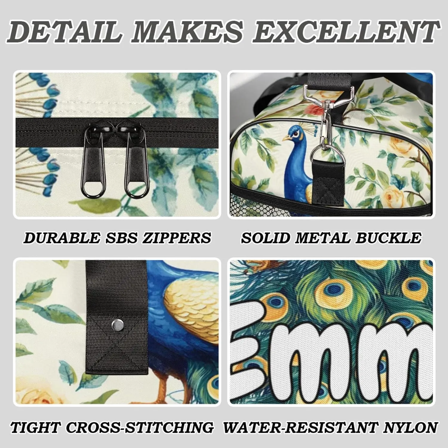 Personalized Teal Peacock Travel Duffel Bag with Name, Custom Gym Sport Bag Flowers Birds Carry On Weekend Overnight Duffel Bag for Men Women
