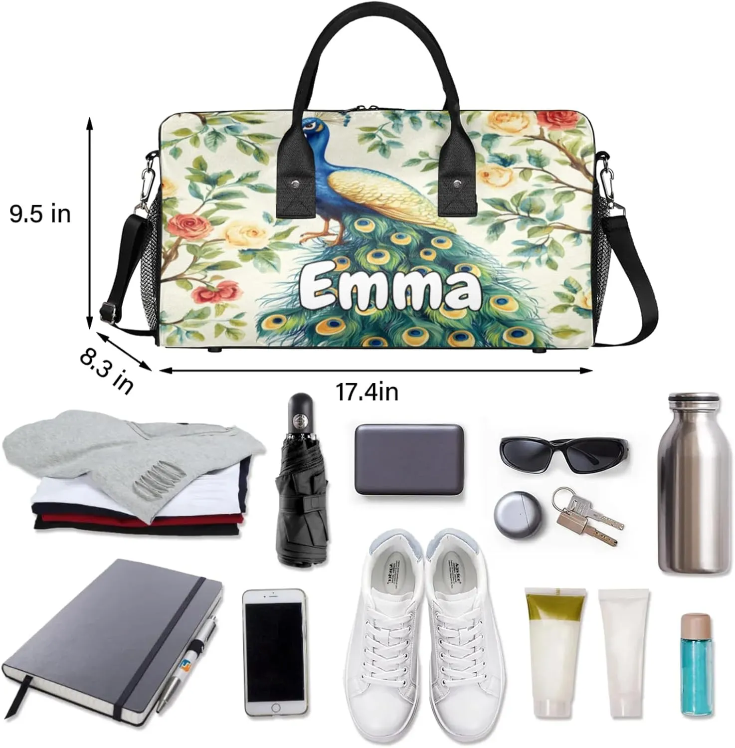Personalized Teal Peacock Travel Duffel Bag with Name, Custom Gym Sport Bag Flowers Birds Carry On Weekend Overnight Duffel Bag for Men Women