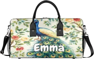 Personalized Teal Peacock Travel Duffel Bag with Name, Custom Gym Sport Bag Flowers Birds Carry On Weekend Overnight Duffel Bag for Men Women
