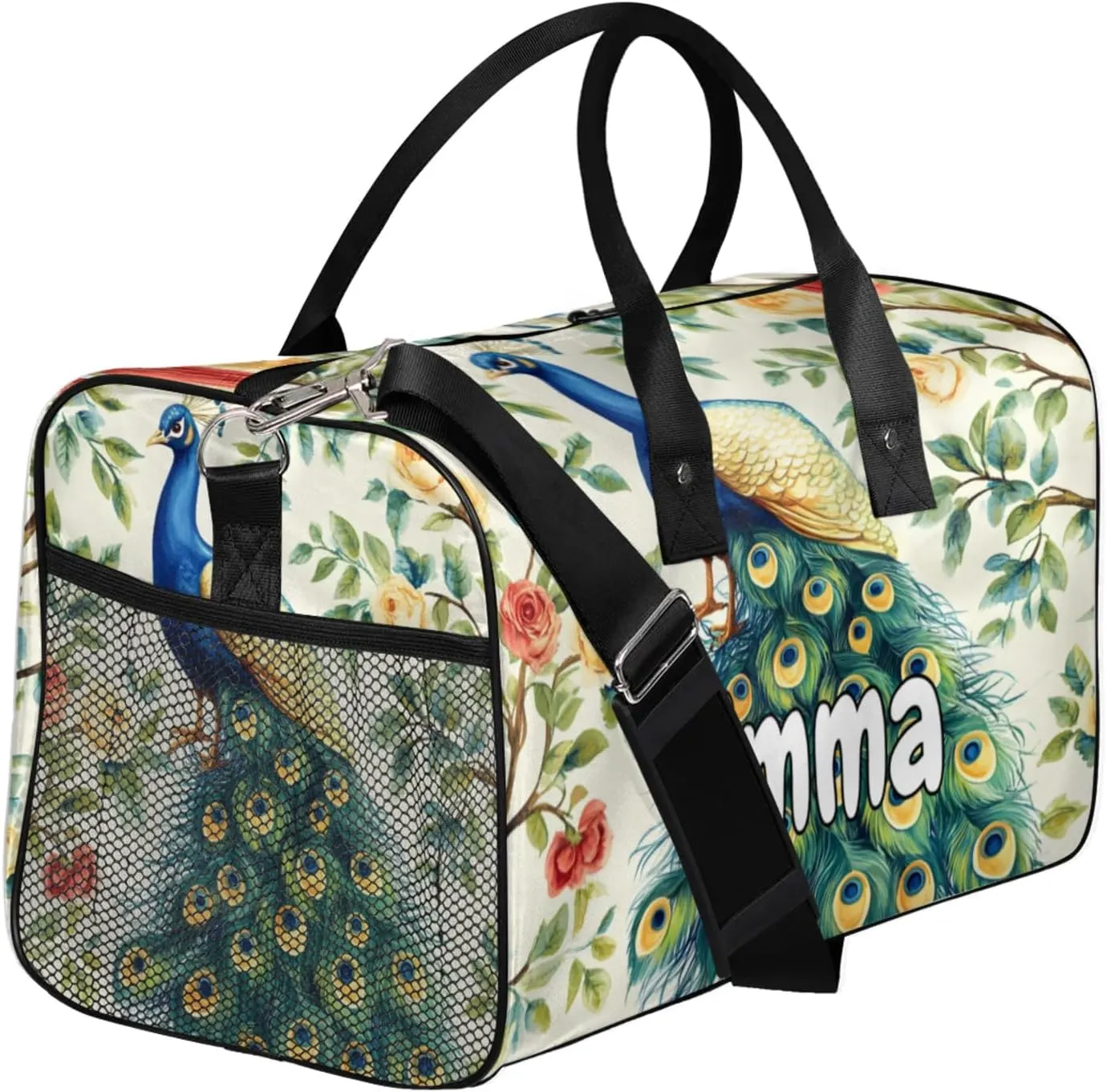 Personalized Teal Peacock Travel Duffel Bag with Name, Custom Gym Sport Bag Flowers Birds Carry On Weekend Overnight Duffel Bag for Men Women