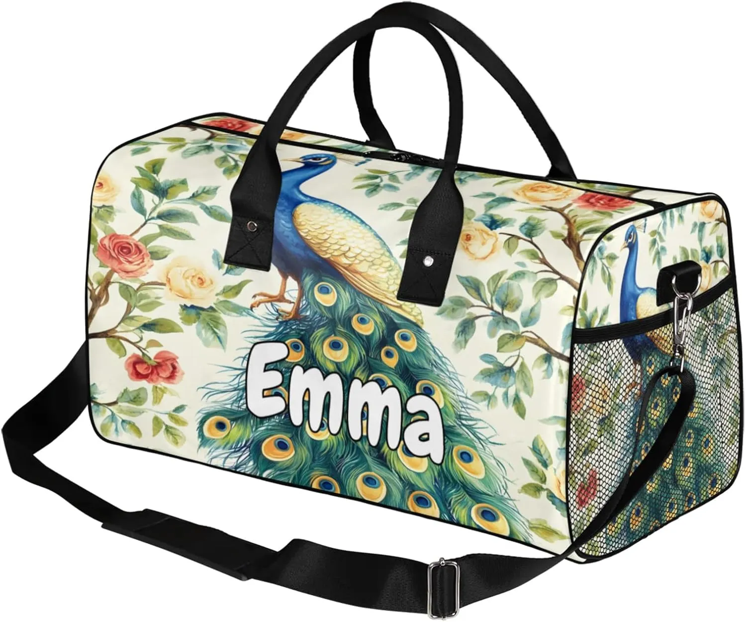 Personalized Teal Peacock Travel Duffel Bag with Name, Custom Gym Sport Bag Flowers Birds Carry On Weekend Overnight Duffel Bag for Men Women
