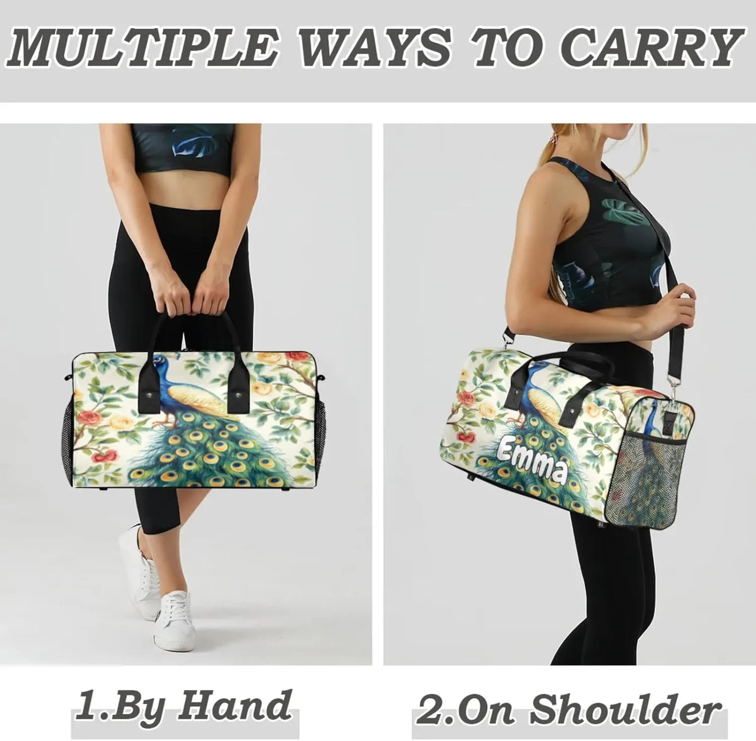 Personalized Teal Peacock Travel Duffel Bag with Name, Custom Gym Sport Bag Flowers Birds Carry On Weekend Overnight Duffel Bag for Men Women