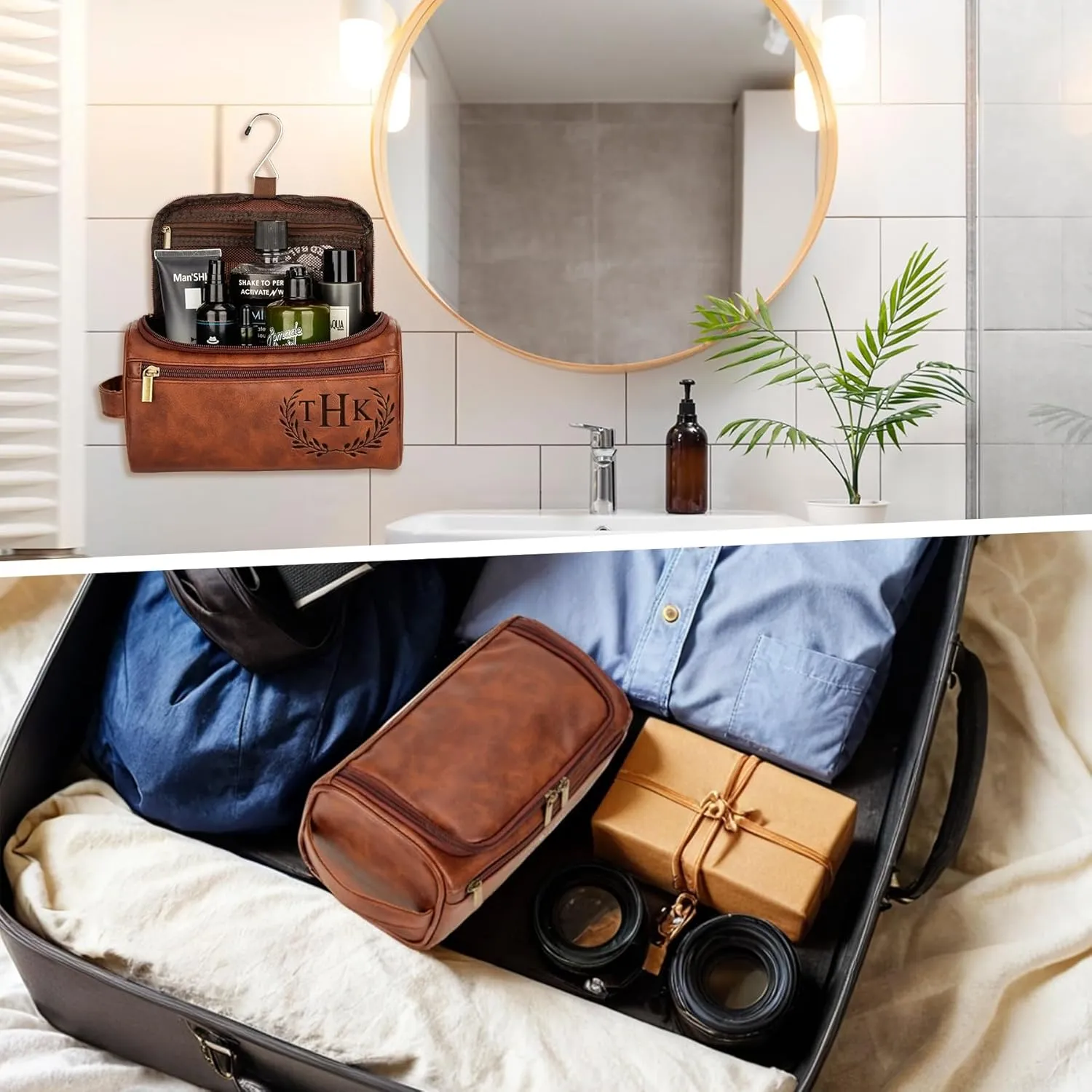 Personalized Travel Toiletry Bag - Double Layer Reinforced Handle,Smooth Brass Zipper Hanging Dopp Kit,3 Compartments,Travel Accessories,Mens Gifts