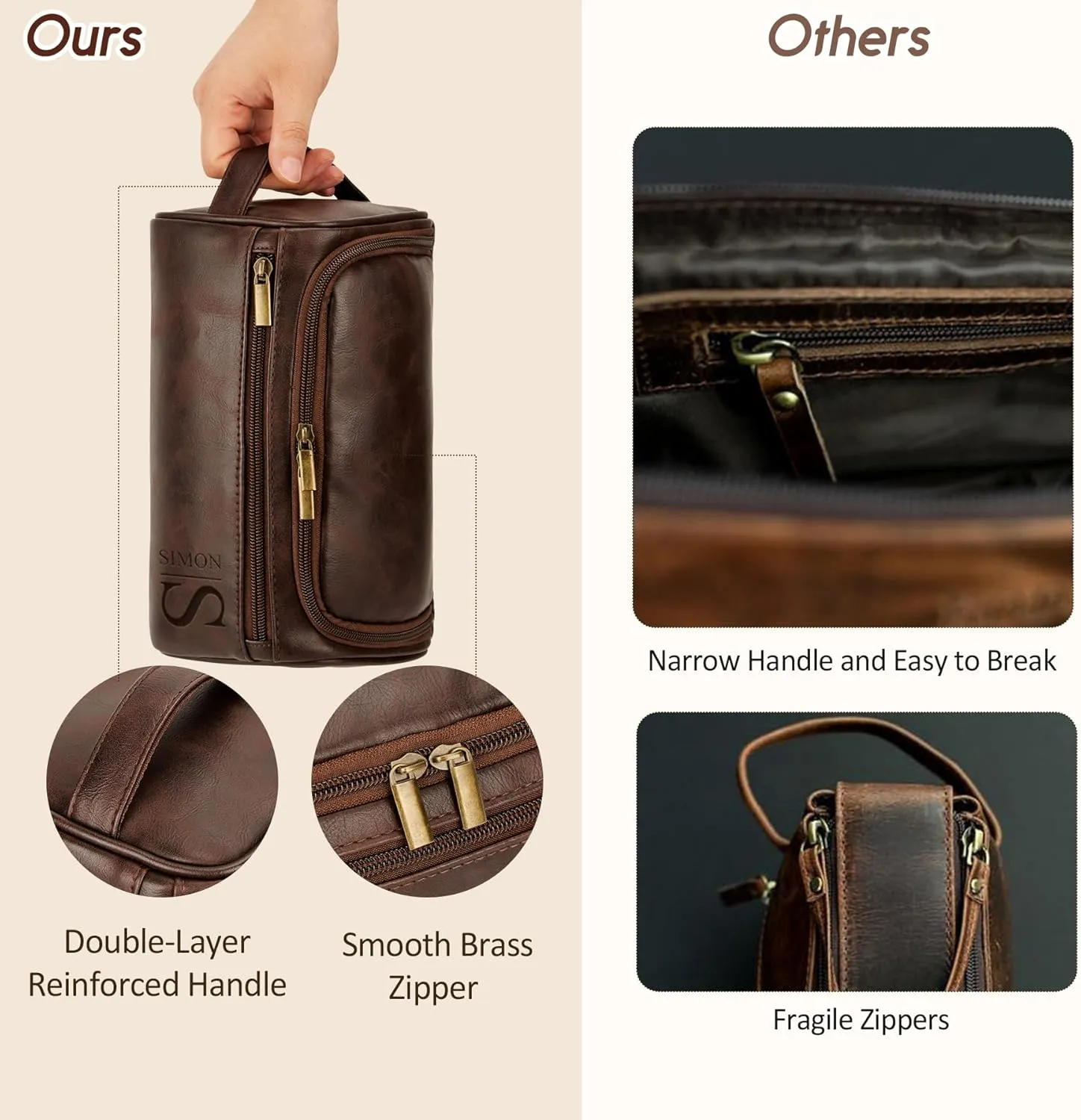 Personalized Travel Toiletry Bag - Double Layer Reinforced Handle,Smooth Brass Zipper Hanging Dopp Kit,3 Compartments,Travel Accessories,Mens Gifts