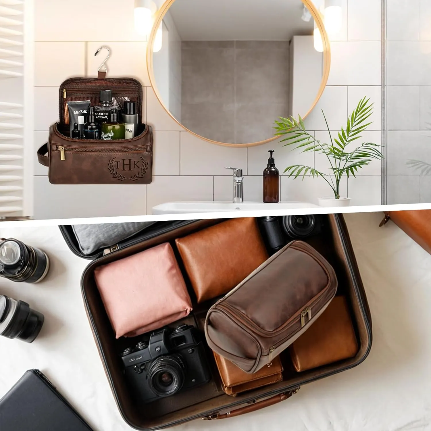 Personalized Travel Toiletry Bag - Double Layer Reinforced Handle,Smooth Brass Zipper Hanging Dopp Kit,3 Compartments,Travel Accessories,Mens Gifts