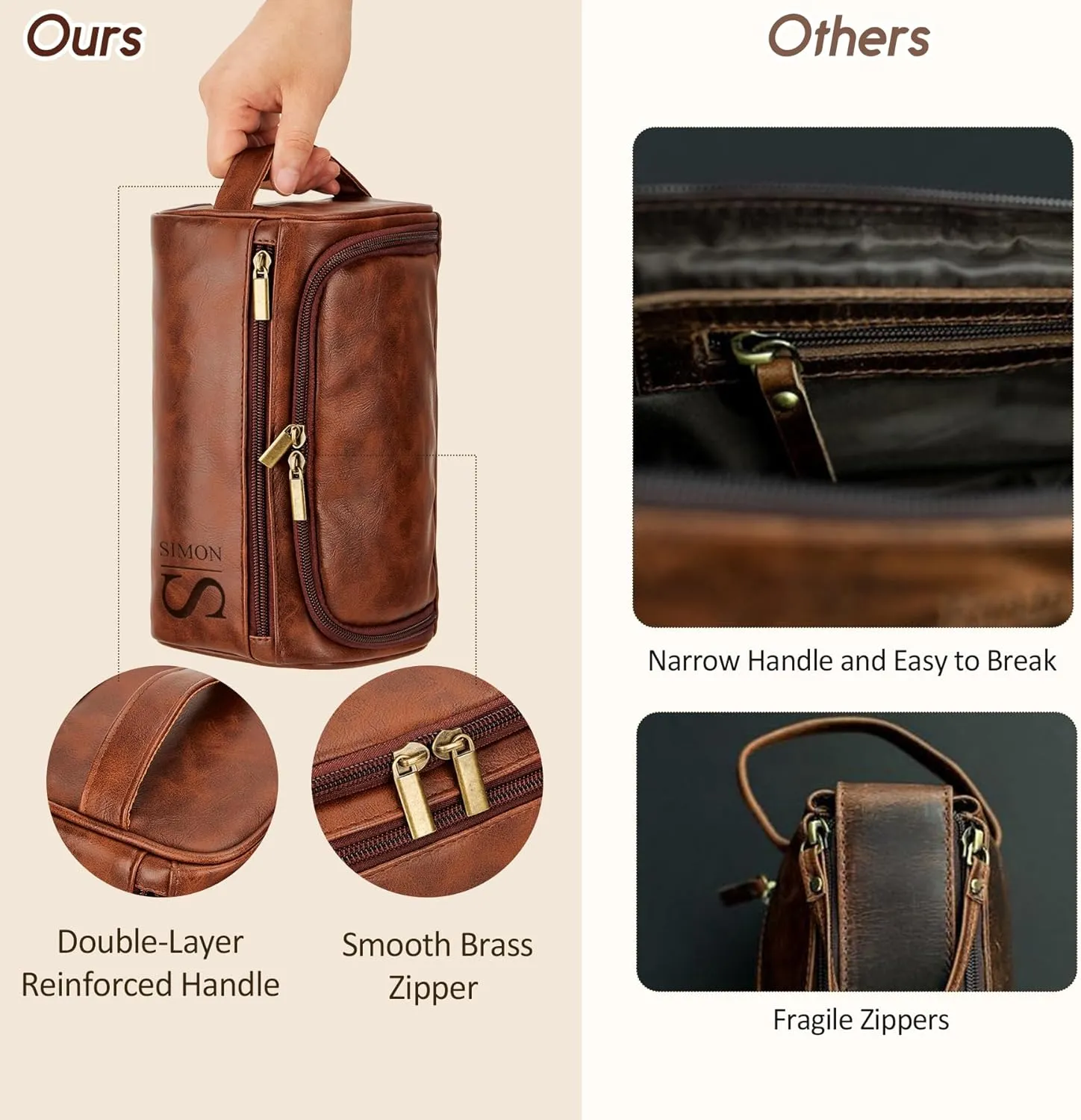 Personalized Travel Toiletry Bag - Double Layer Reinforced Handle,Smooth Brass Zipper Hanging Dopp Kit,3 Compartments,Travel Accessories,Mens Gifts