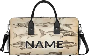 Personalized Vintage Fish Travel Duffel Bag with Name, Custom Gym Sport Bag Retro Farmhouse Carry On Weekend Overnight Duffel Bag for Men Women