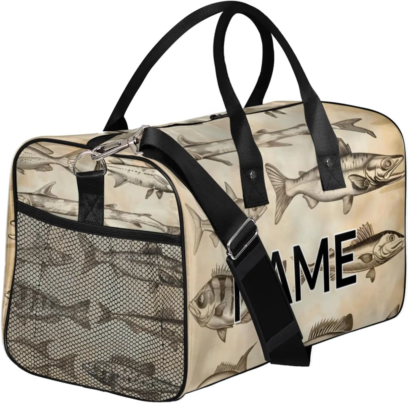 Personalized Vintage Fish Travel Duffel Bag with Name, Custom Gym Sport Bag Retro Farmhouse Carry On Weekend Overnight Duffel Bag for Men Women