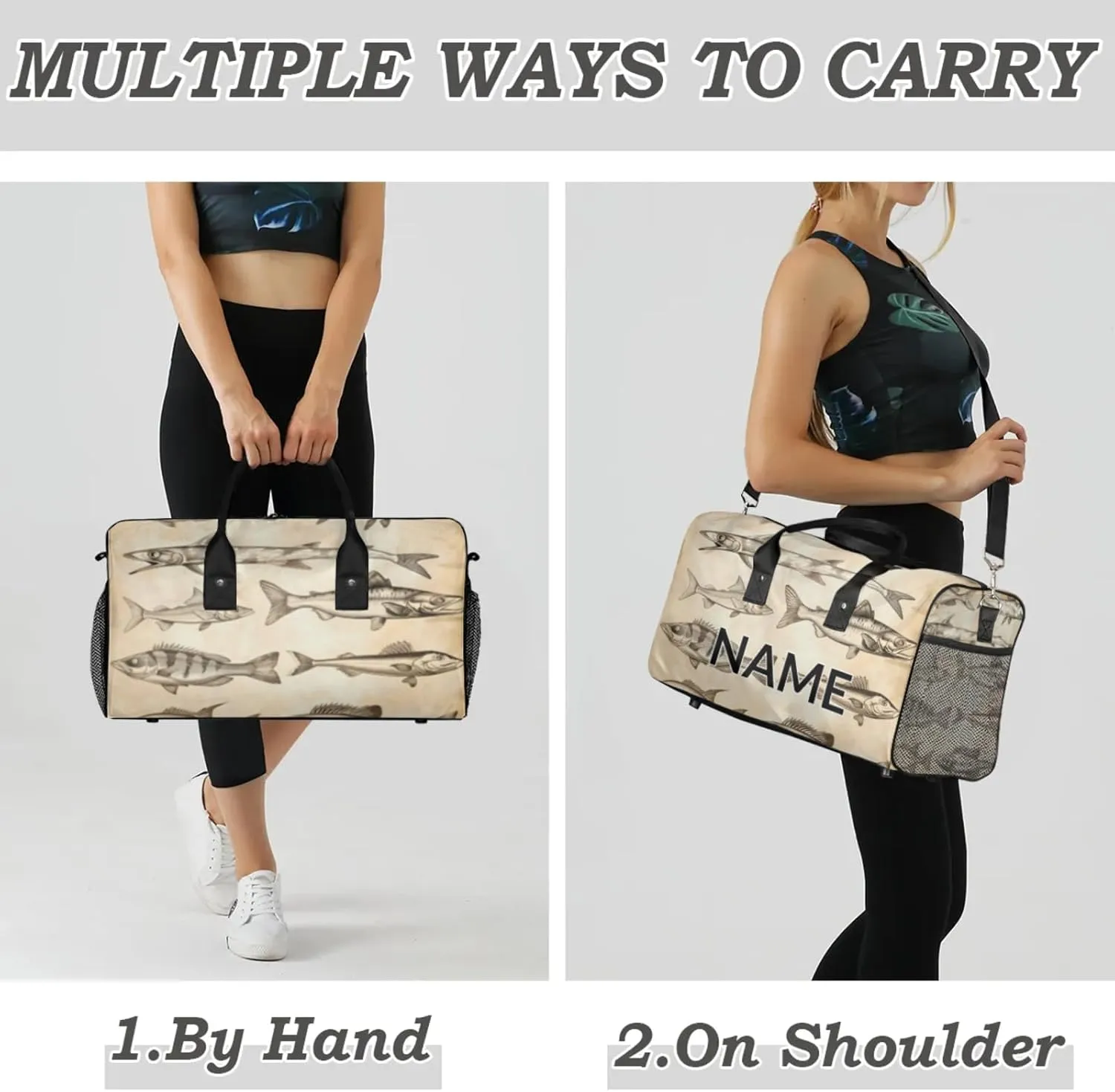Personalized Vintage Fish Travel Duffel Bag with Name, Custom Gym Sport Bag Retro Farmhouse Carry On Weekend Overnight Duffel Bag for Men Women