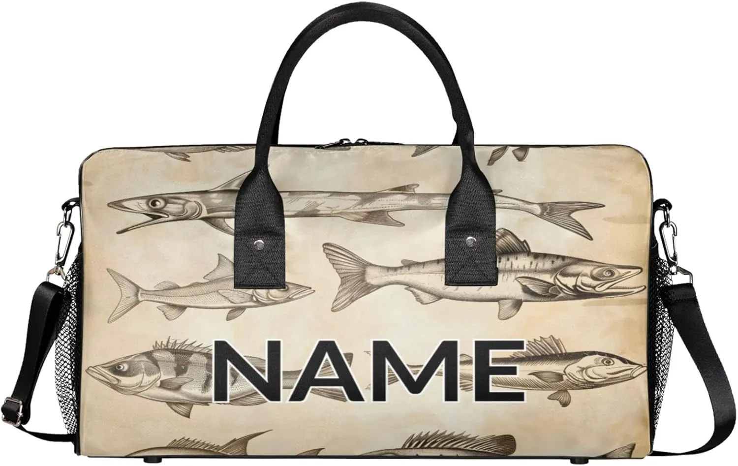 Personalized Vintage Fish Travel Duffel Bag with Name, Custom Gym Sport Bag Retro Farmhouse Carry On Weekend Overnight Duffel Bag for Men Women