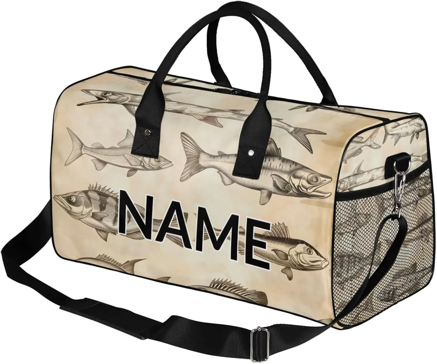Personalized Vintage Fish Travel Duffel Bag with Name, Custom Gym Sport Bag Retro Farmhouse Carry On Weekend Overnight Duffel Bag for Men Women