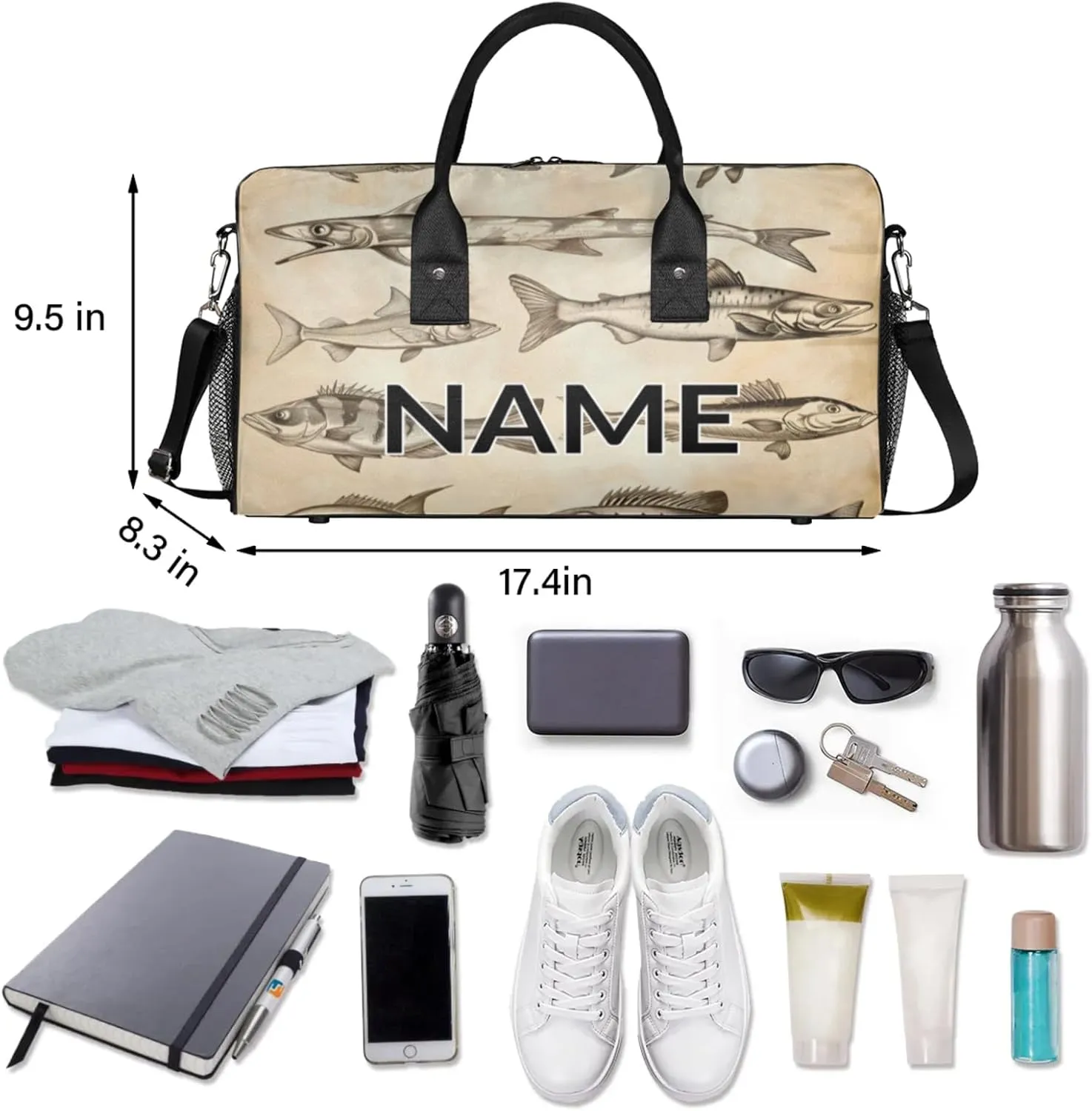 Personalized Vintage Fish Travel Duffel Bag with Name, Custom Gym Sport Bag Retro Farmhouse Carry On Weekend Overnight Duffel Bag for Men Women