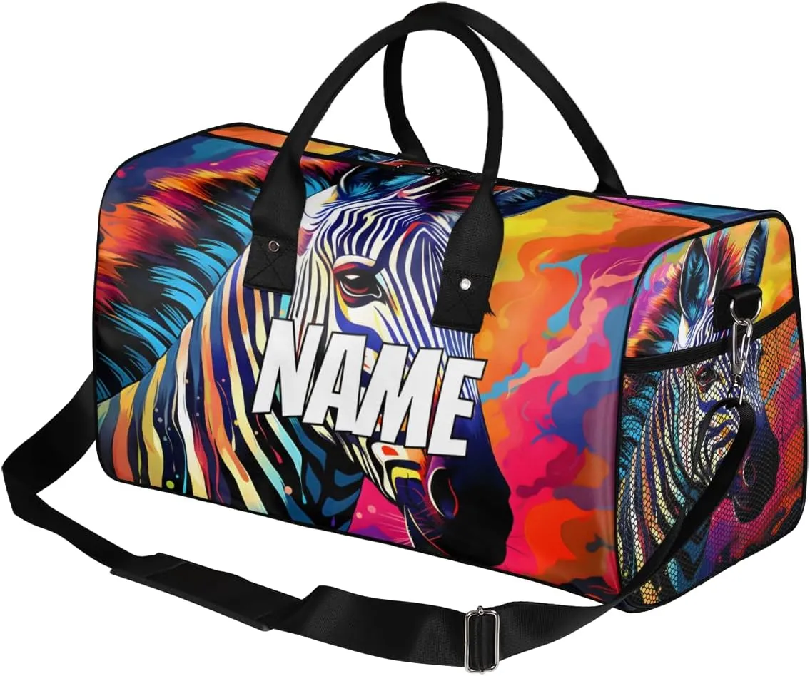 Personalized Wildlife Zebra Travel Duffel Bag with Name, Custom Gym Sport Bag Colorful Paint Carry On Weekend Overnight Duffel Bag for Men Women