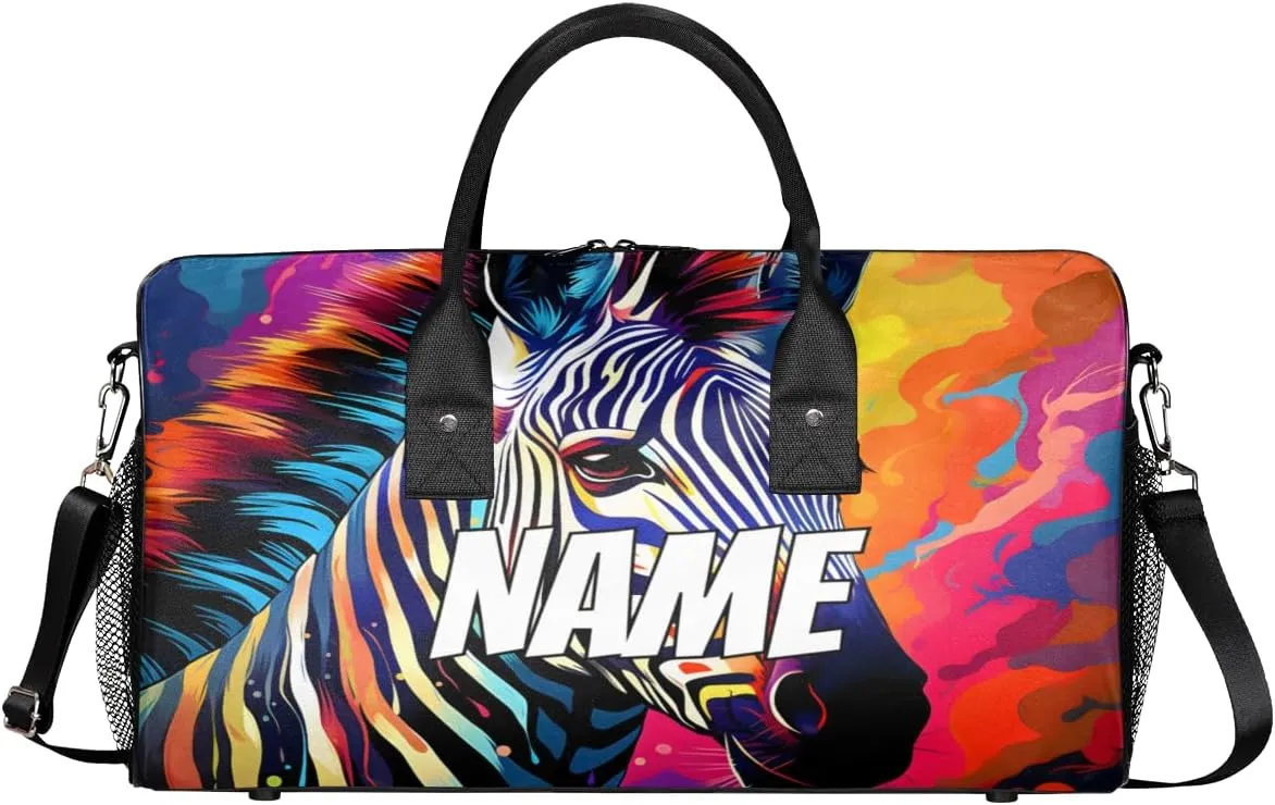 Personalized Wildlife Zebra Travel Duffel Bag with Name, Custom Gym Sport Bag Colorful Paint Carry On Weekend Overnight Duffel Bag for Men Women