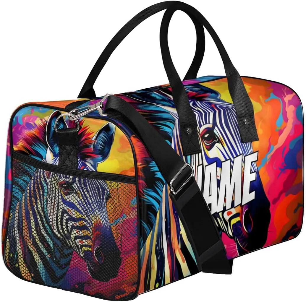 Personalized Wildlife Zebra Travel Duffel Bag with Name, Custom Gym Sport Bag Colorful Paint Carry On Weekend Overnight Duffel Bag for Men Women