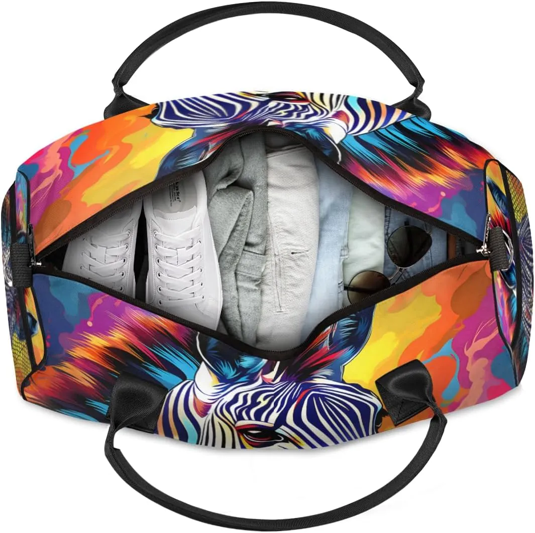 Personalized Wildlife Zebra Travel Duffel Bag with Name, Custom Gym Sport Bag Colorful Paint Carry On Weekend Overnight Duffel Bag for Men Women