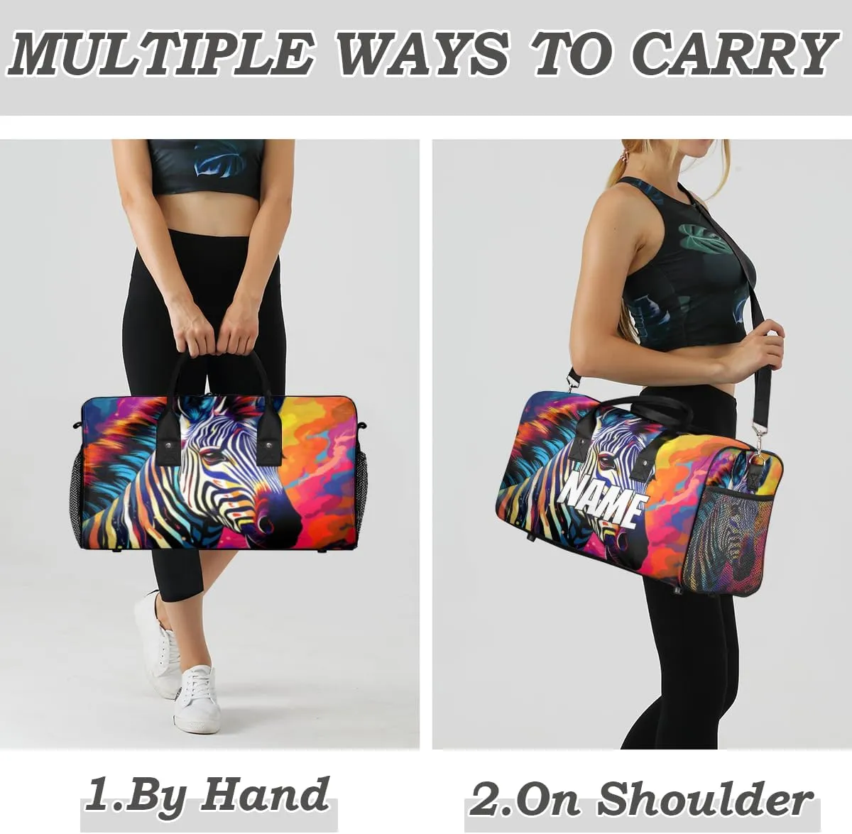 Personalized Wildlife Zebra Travel Duffel Bag with Name, Custom Gym Sport Bag Colorful Paint Carry On Weekend Overnight Duffel Bag for Men Women
