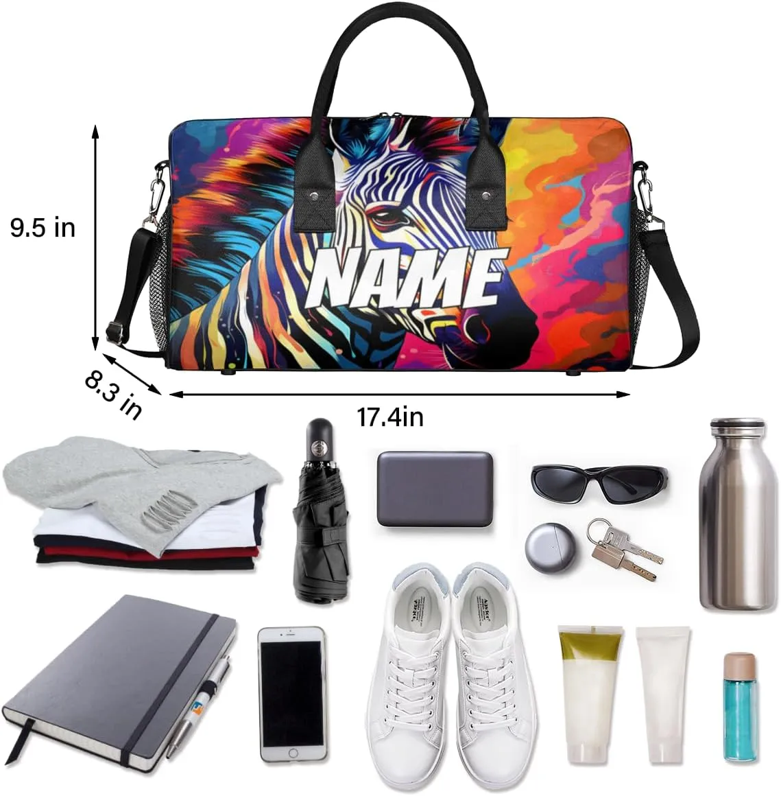 Personalized Wildlife Zebra Travel Duffel Bag with Name, Custom Gym Sport Bag Colorful Paint Carry On Weekend Overnight Duffel Bag for Men Women