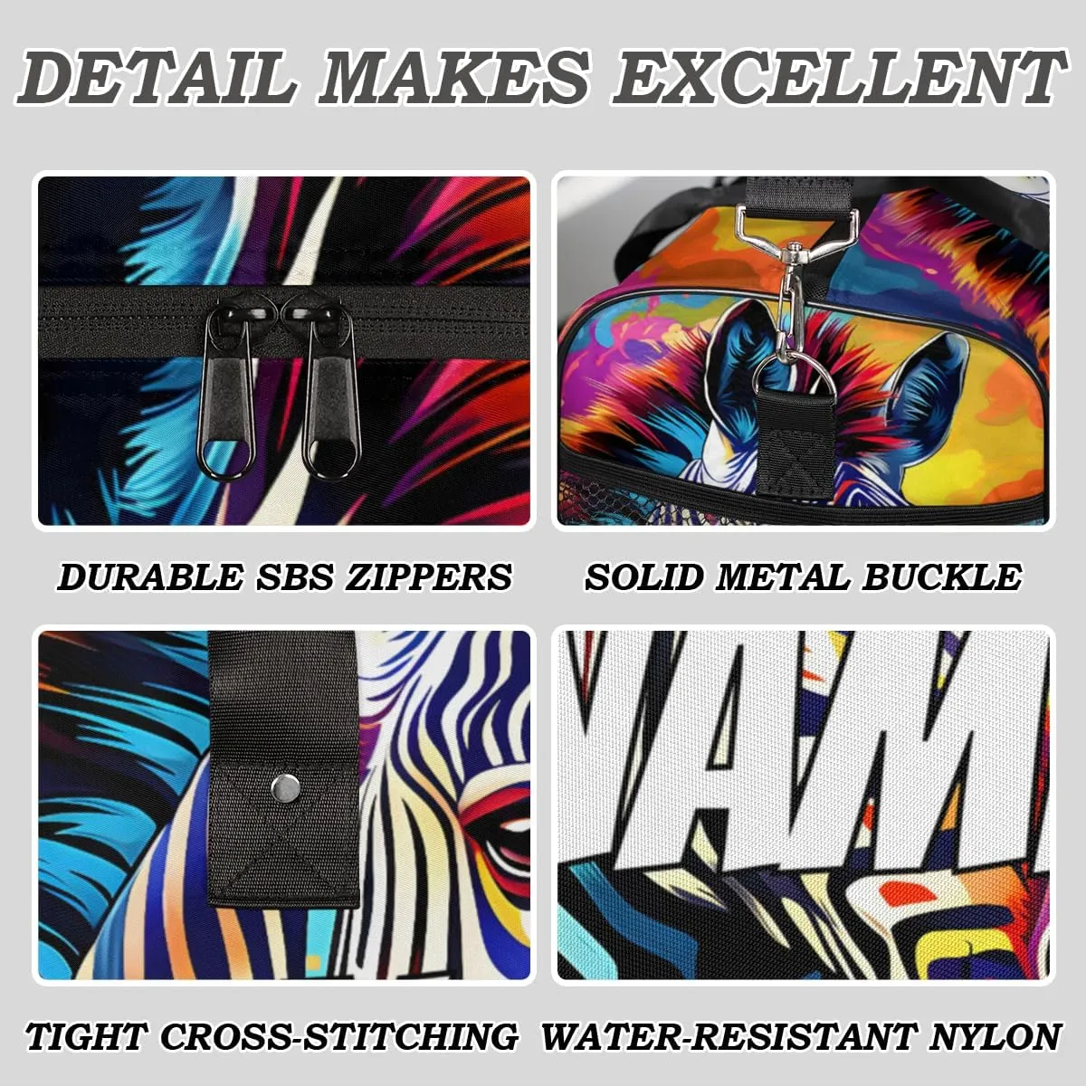 Personalized Wildlife Zebra Travel Duffel Bag with Name, Custom Gym Sport Bag Colorful Paint Carry On Weekend Overnight Duffel Bag for Men Women