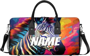 Personalized Wildlife Zebra Travel Duffel Bag with Name, Custom Gym Sport Bag Colorful Paint Carry On Weekend Overnight Duffel Bag for Men Women