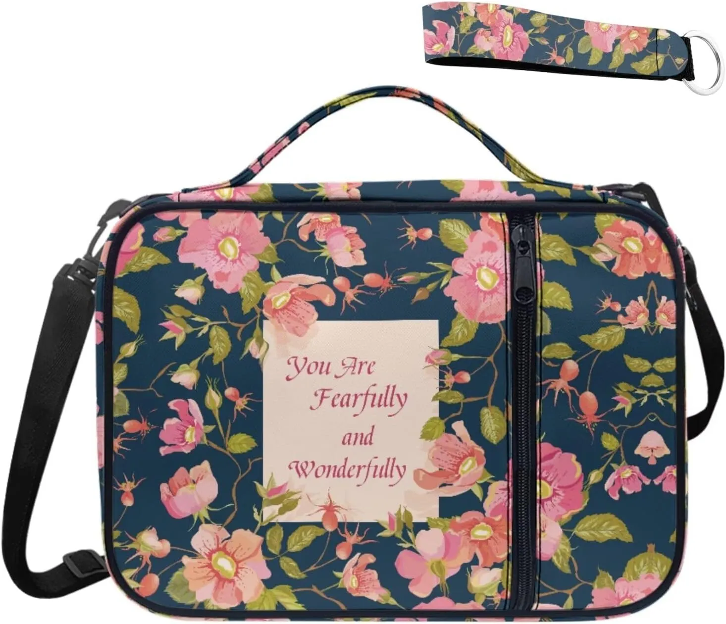 Pink Floral Womens Bible Cover Case with a Matched Keychain Casual Lightweight Church Bag for Big Girls Kids Carrying Book Case Bible Protective with Pen Slots And Zippered Pocket