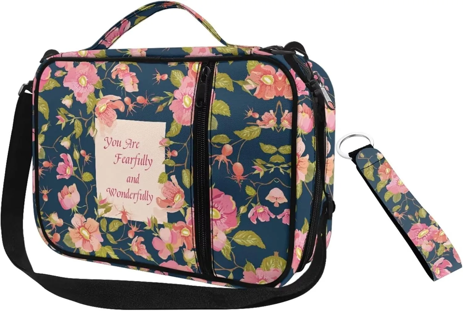 Pink Floral Womens Bible Cover Case with a Matched Keychain Casual Lightweight Church Bag for Big Girls Kids Carrying Book Case Bible Protective with Pen Slots And Zippered Pocket