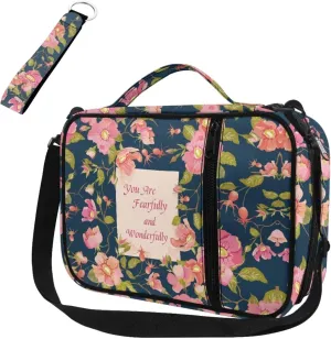 Pink Floral Womens Bible Cover Case with a Matched Keychain Casual Lightweight Church Bag for Big Girls Kids Carrying Book Case Bible Protective with Pen Slots And Zippered Pocket