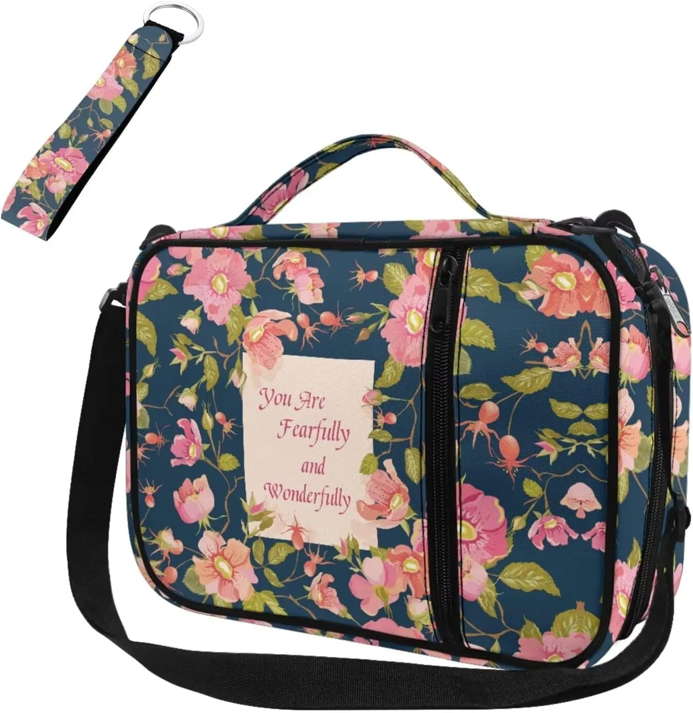 Pink Floral Womens Bible Cover Case with a Matched Keychain Casual Lightweight Church Bag for Big Girls Kids Carrying Book Case Bible Protective with Pen Slots And Zippered Pocket
