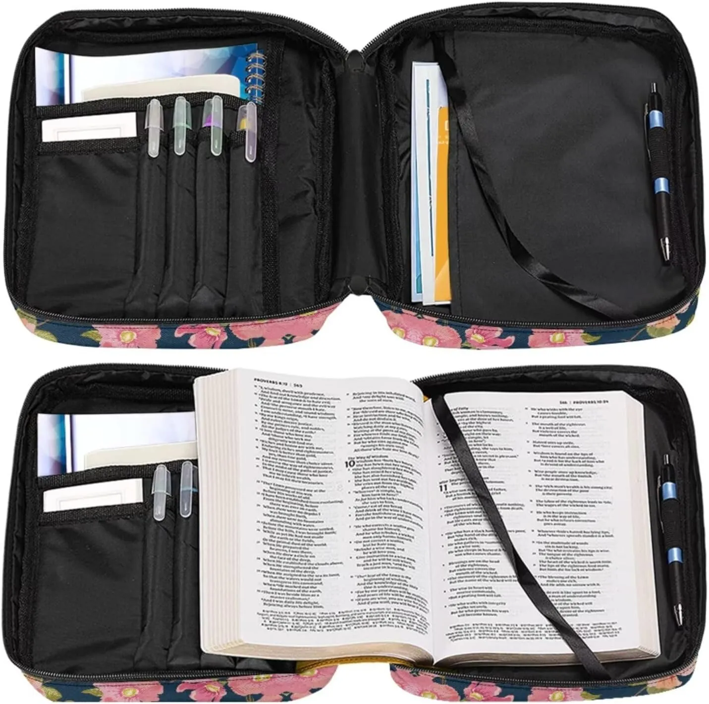 Pink Floral Womens Bible Cover Case with a Matched Keychain Casual Lightweight Church Bag for Big Girls Kids Carrying Book Case Bible Protective with Pen Slots And Zippered Pocket