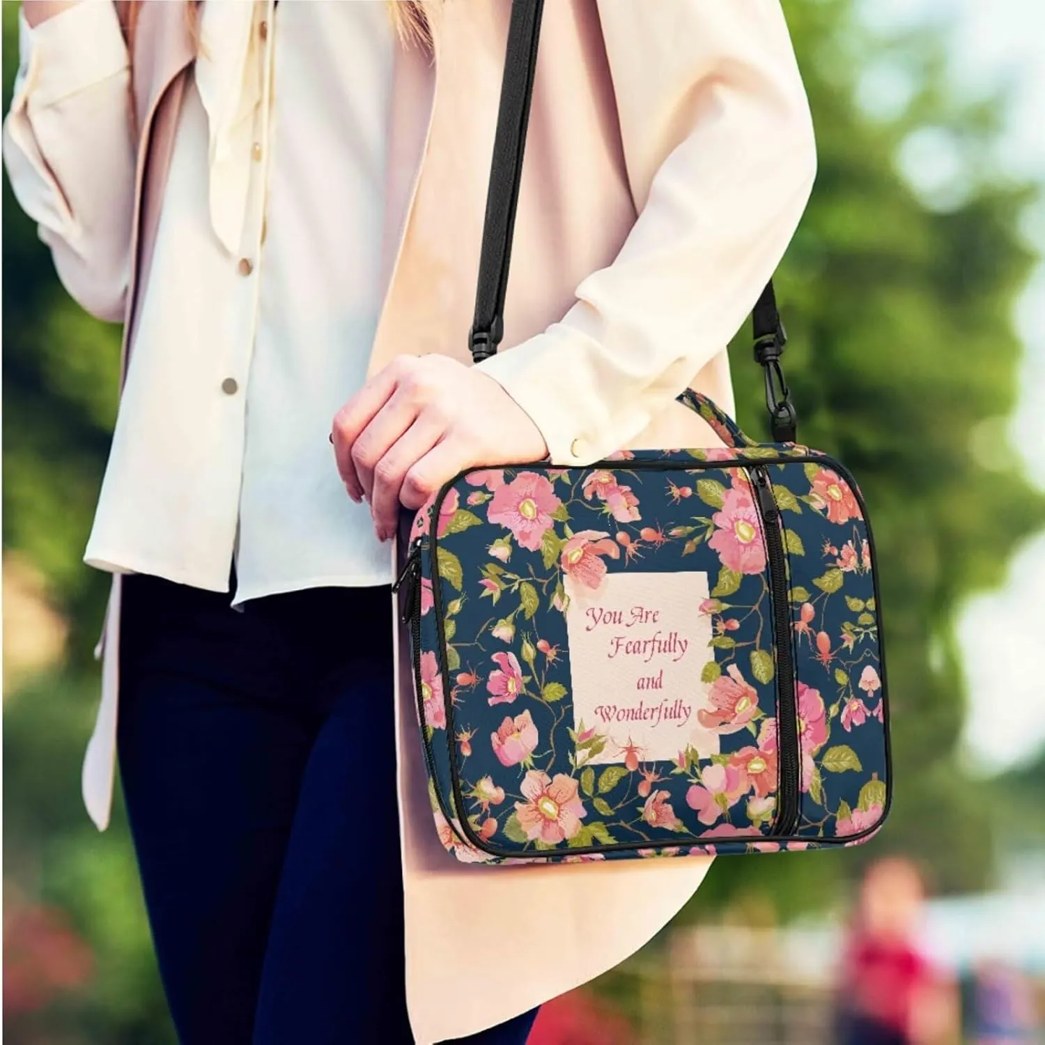 Pink Floral Womens Bible Cover Case with a Matched Keychain Casual Lightweight Church Bag for Big Girls Kids Carrying Book Case Bible Protective with Pen Slots And Zippered Pocket