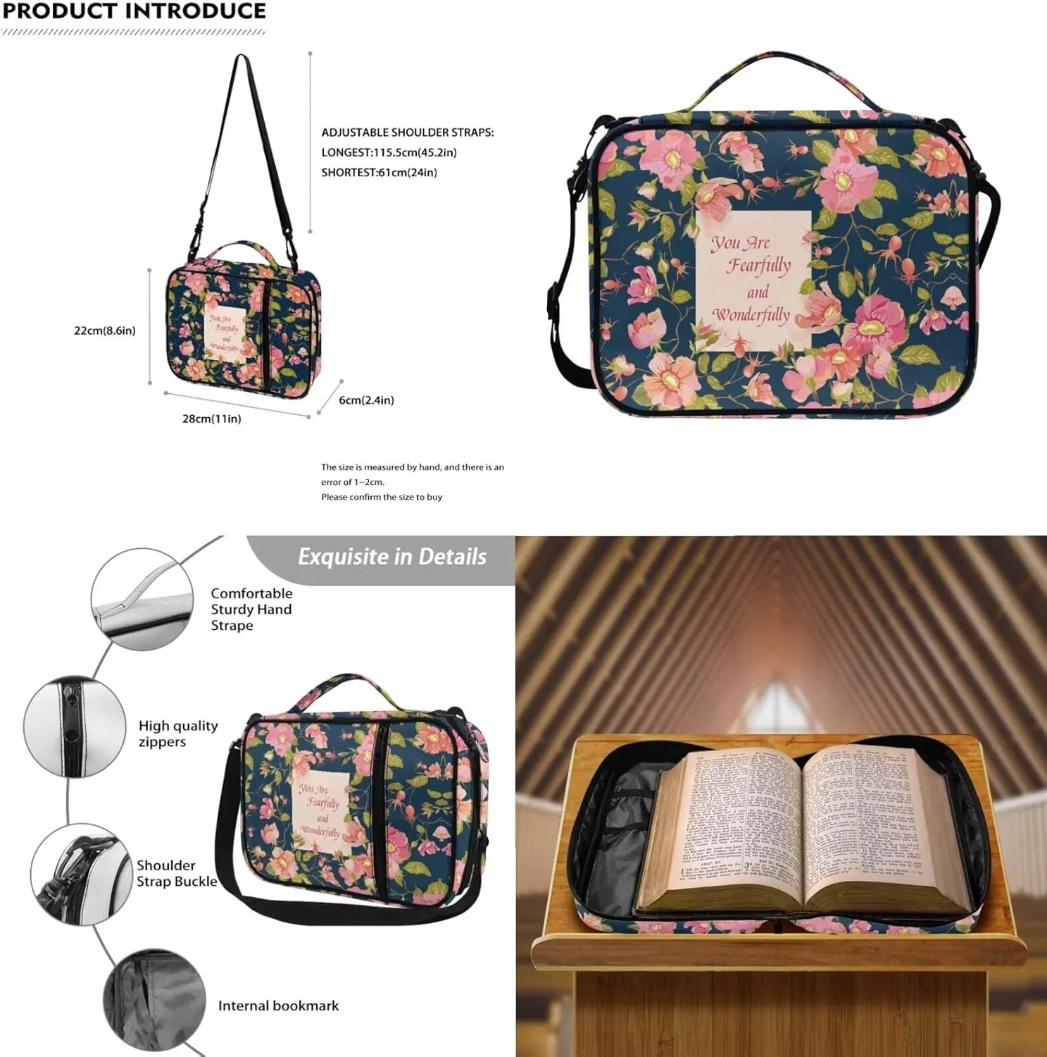 Pink Floral Womens Bible Cover Case with a Matched Keychain Casual Lightweight Church Bag for Big Girls Kids Carrying Book Case Bible Protective with Pen Slots And Zippered Pocket