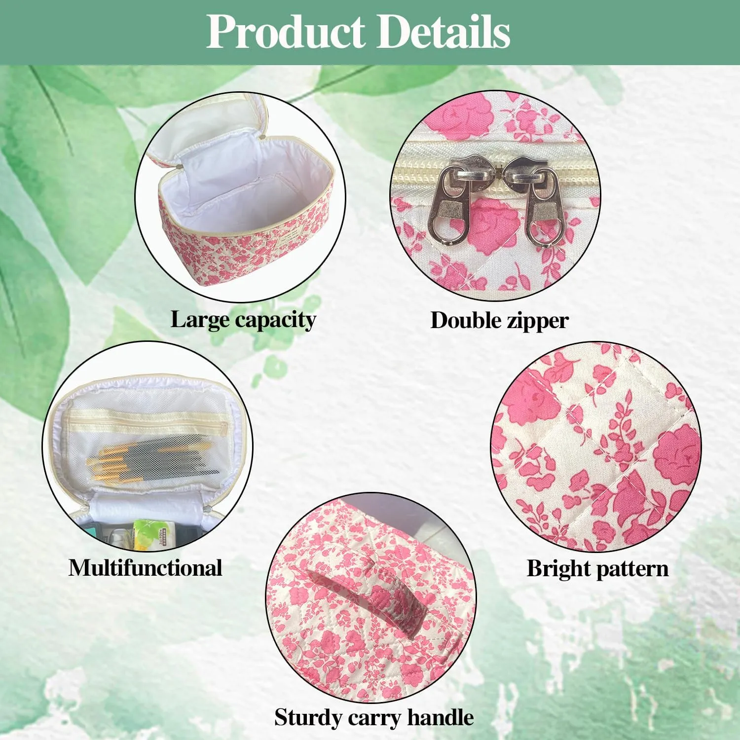 Pink Large Quilted Floral Makeup Bag Set of 3 Cute Coquette Aesthetic Cosmetic Bag Set Travel Toiletry Bag for Women