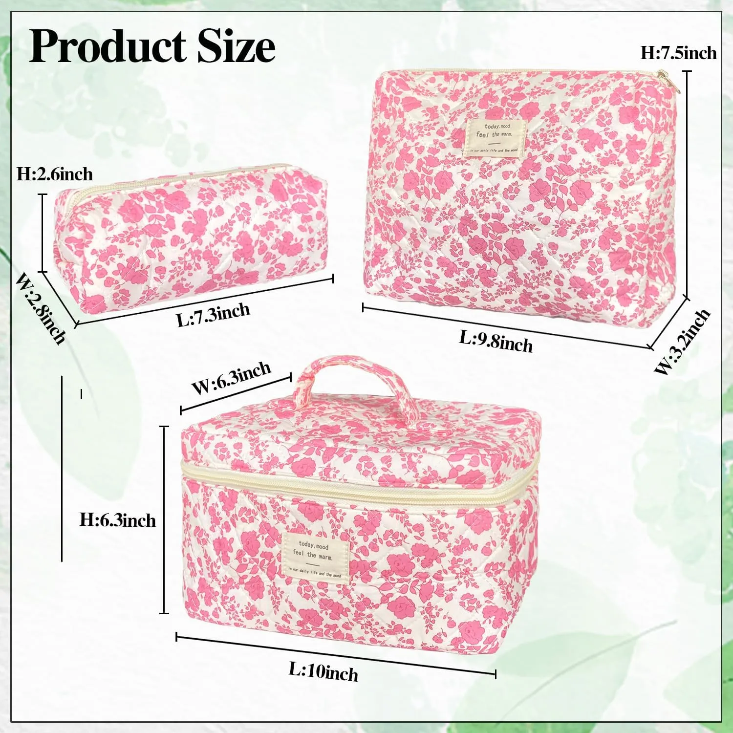 Pink Large Quilted Floral Makeup Bag Set of 3 Cute Coquette Aesthetic Cosmetic Bag Set Travel Toiletry Bag for Women