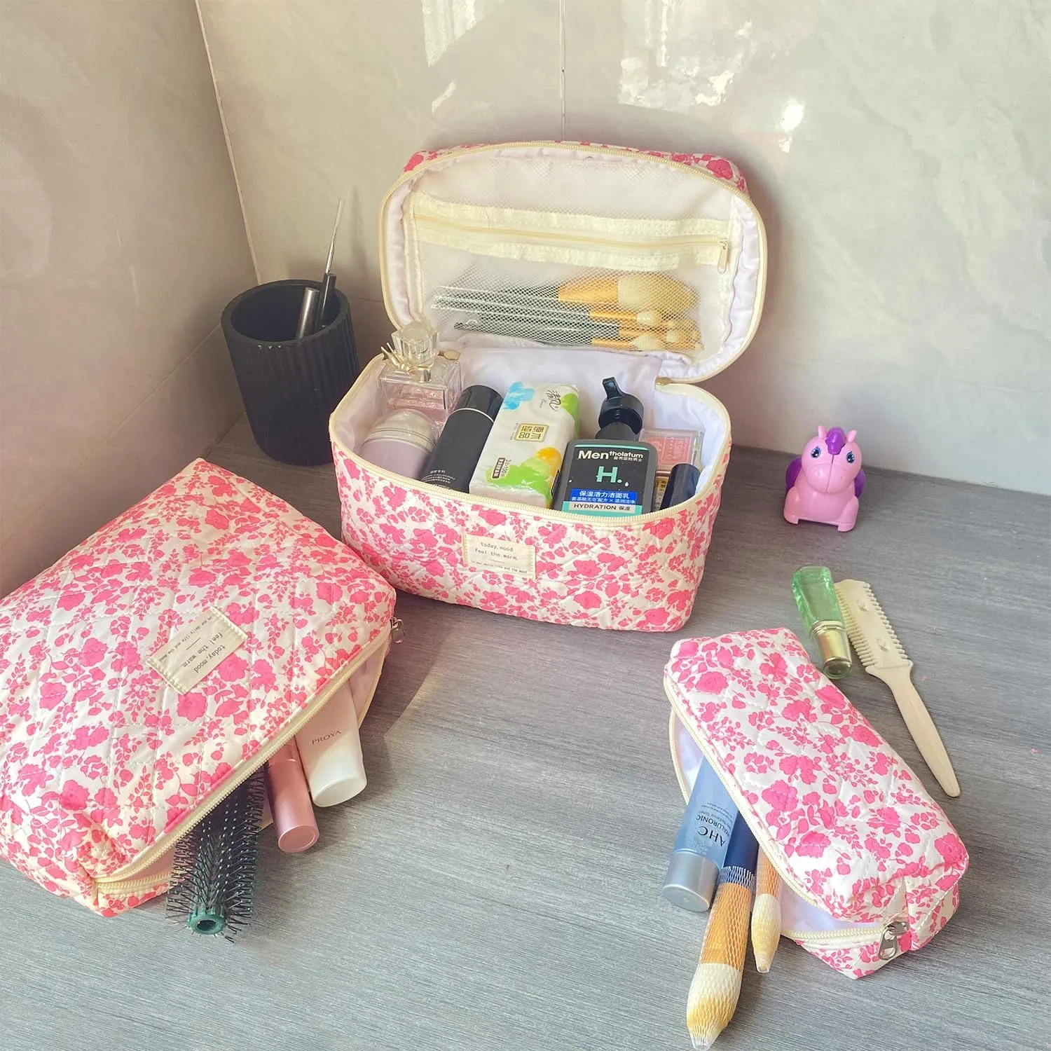 Pink Large Quilted Floral Makeup Bag Set of 3 Cute Coquette Aesthetic Cosmetic Bag Set Travel Toiletry Bag for Women