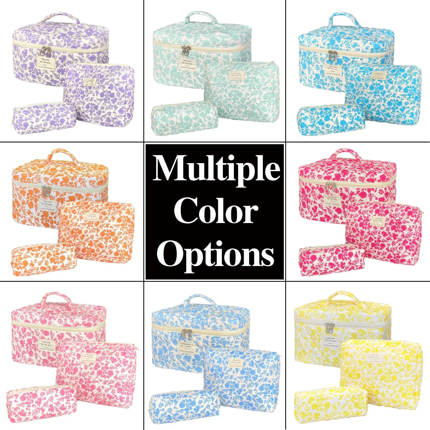 Pink Large Quilted Floral Makeup Bag Set of 3 Cute Coquette Aesthetic Cosmetic Bag Set Travel Toiletry Bag for Women