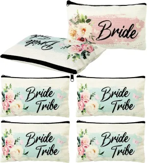 Pinkunn 6 Pcs Bride Tribe Bridal Makeup Bag Bridal Shower Cosmetic Bag Bachelorette Party Favor Bridesmaid Proposal Gift Wedding Party Favor Floral Bride Purse for Women