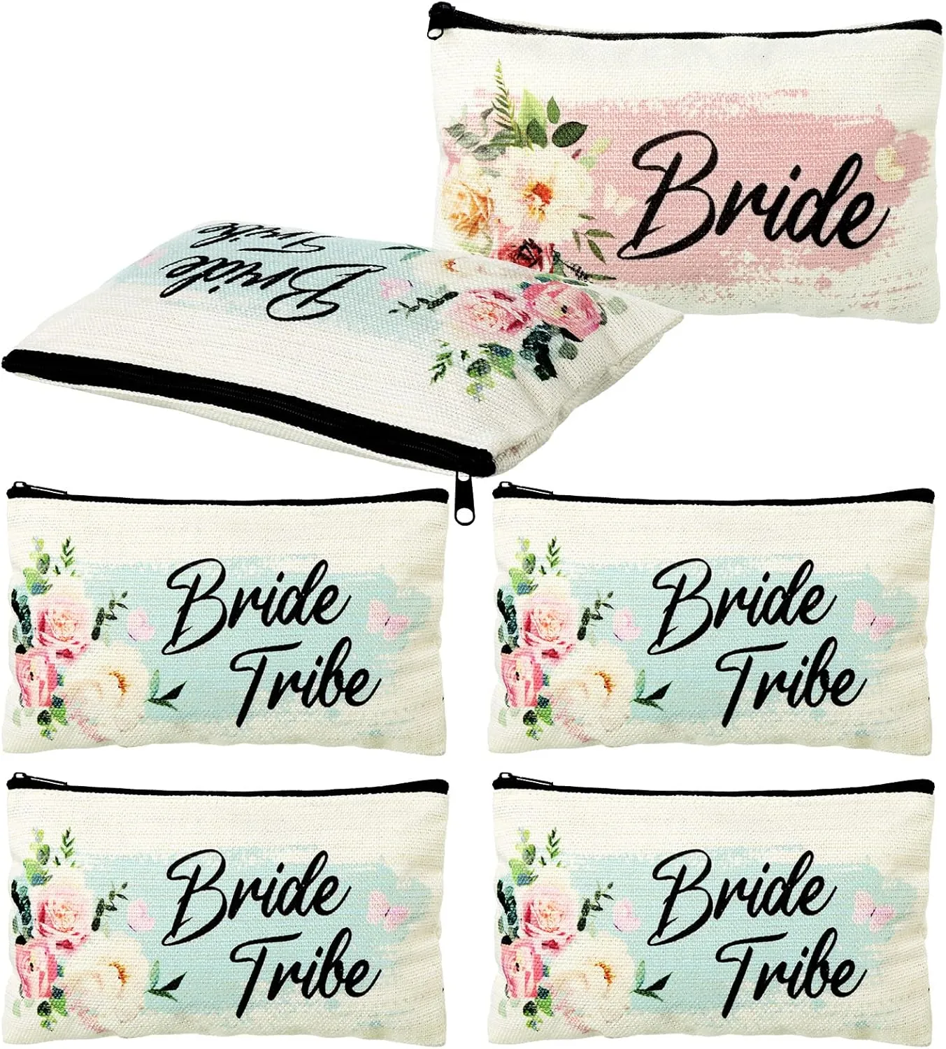 Pinkunn 6 Pcs Bride Tribe Bridal Makeup Bag Bridal Shower Cosmetic Bag Bachelorette Party Favor Bridesmaid Proposal Gift Wedding Party Favor Floral Bride Purse for Women