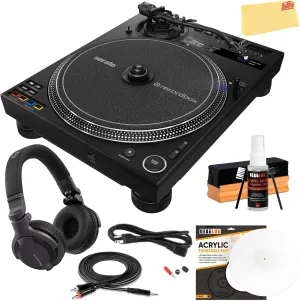 Pioneer PLX-CRSS12 Professional Direct Drive Turntable with DVS Control - Black Bundle with Headphones, TRS-to-RCA Breakout Cable, Slipmat, Cleaning Kit, and Austin Bazaar Polishing Cloth