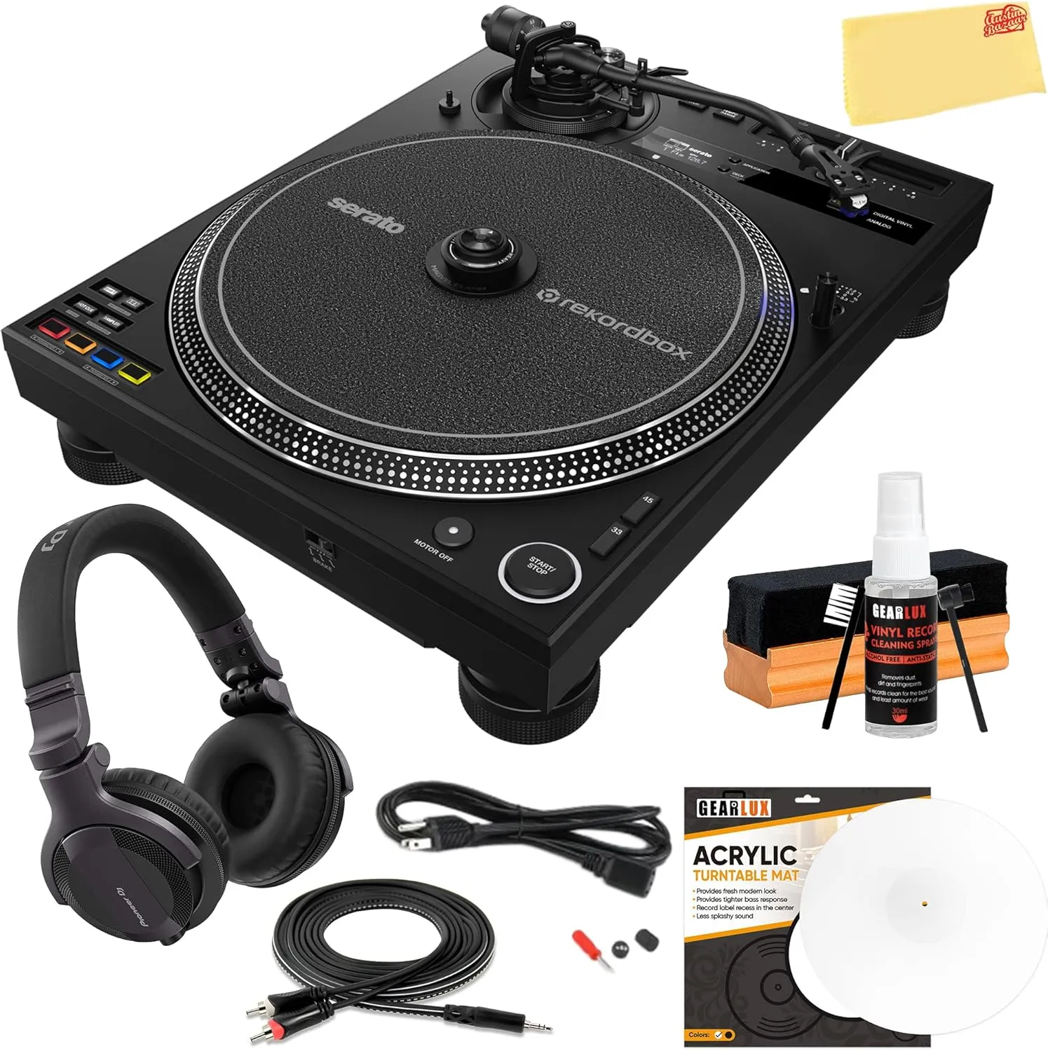Pioneer PLX-CRSS12 Professional Direct Drive Turntable with DVS Control - Black Bundle with Headphones, TRS-to-RCA Breakout Cable, Slipmat, Cleaning Kit, and Austin Bazaar Polishing Cloth