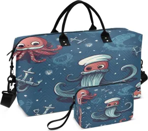 Pirate Octopus Whale Dark Travel Duffel Bags with Toiletry Bag and Adjustable Strap for Travel Gym Yoga