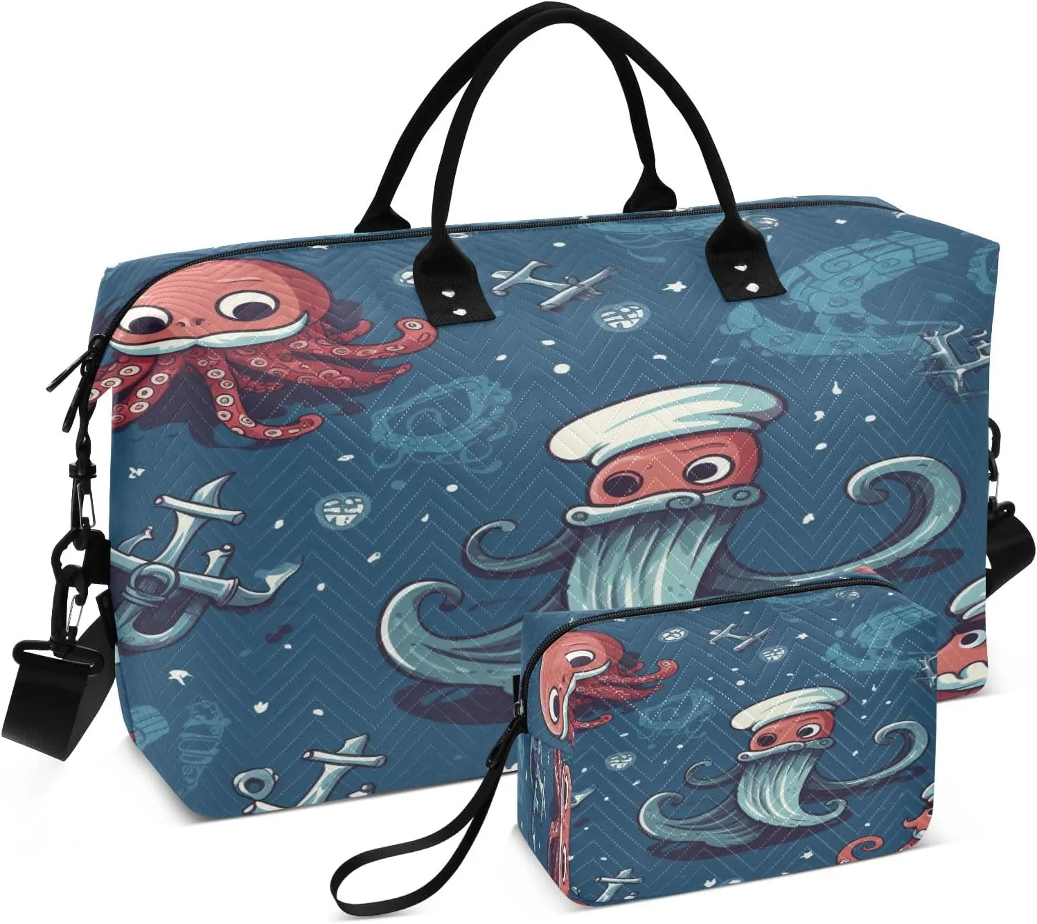 Pirate Octopus Whale Dark Travel Duffel Bags with Toiletry Bag and Adjustable Strap for Travel Gym Yoga