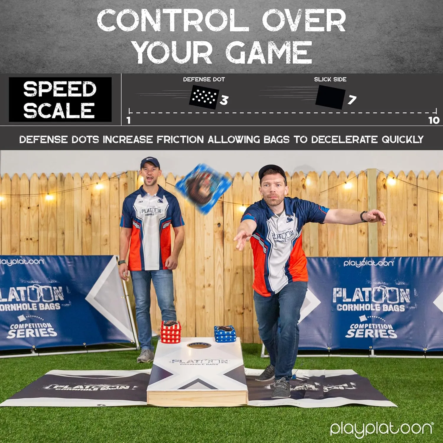 Play Platoon Competition Series Cornhole Bags Set of 8 Regulation Professional Weight Double Sided Slick and Stick with Rubber Sticky Dot Slow Side for Pro Corn Hole Bean Bag Toss Game-Designed in USA
