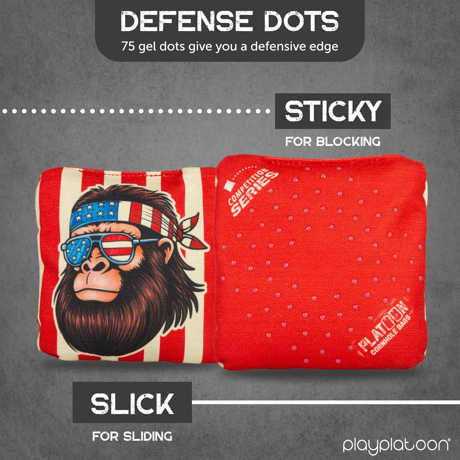 Play Platoon Competition Series Cornhole Bags Set of 8 Regulation Professional Weight Double Sided Slick and Stick with Rubber Sticky Dot Slow Side for Pro Corn Hole Bean Bag Toss Game-Designed in USA